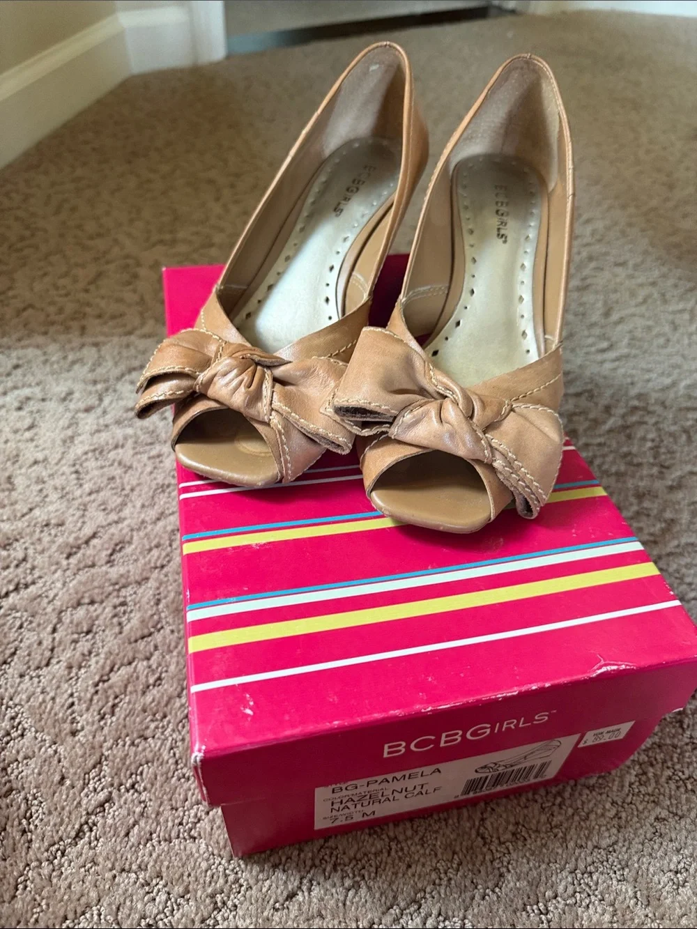BCBGirls Tan Peep-Toe Bow Heels
